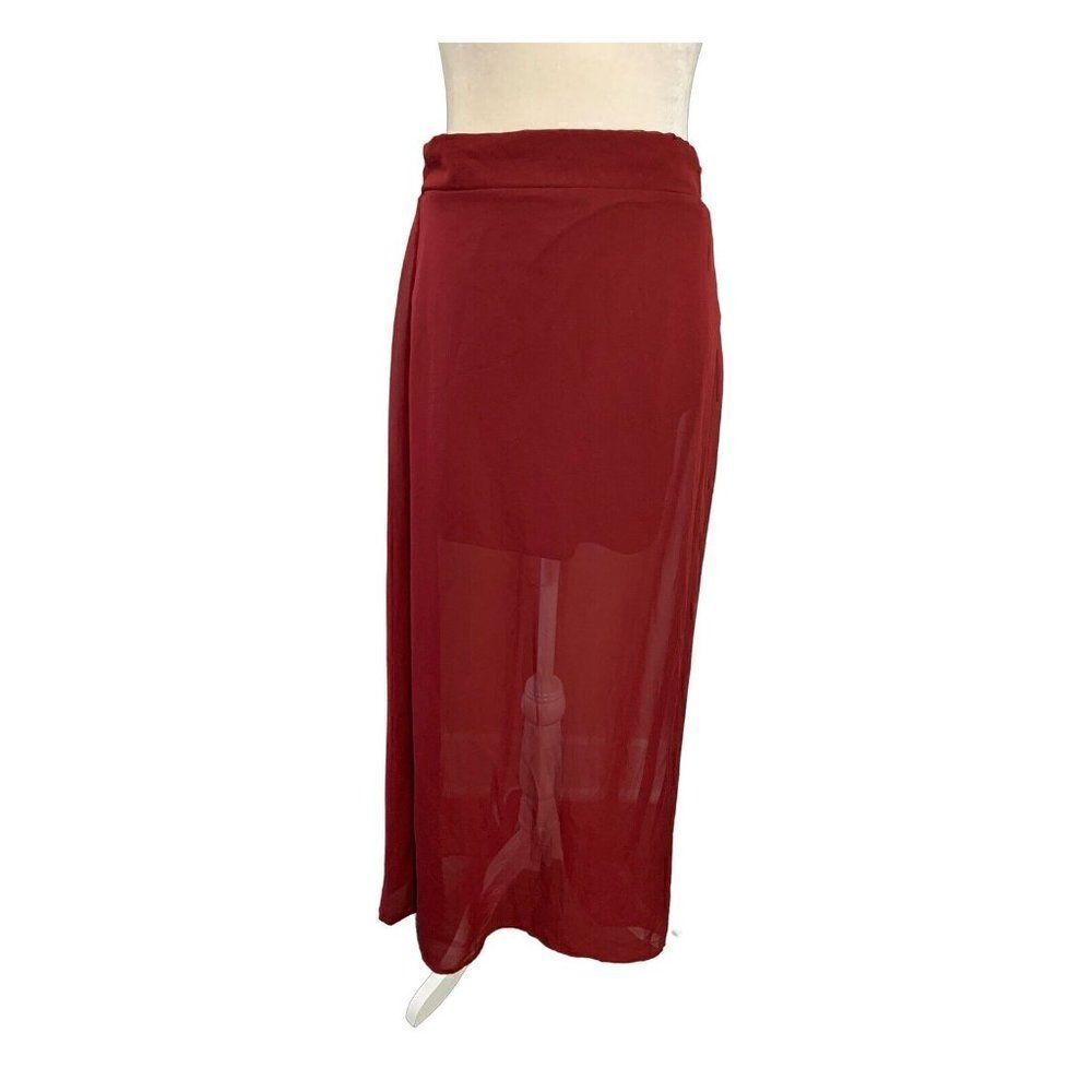 bebe womens solid burgundy wine red sheer maxi skirt xs